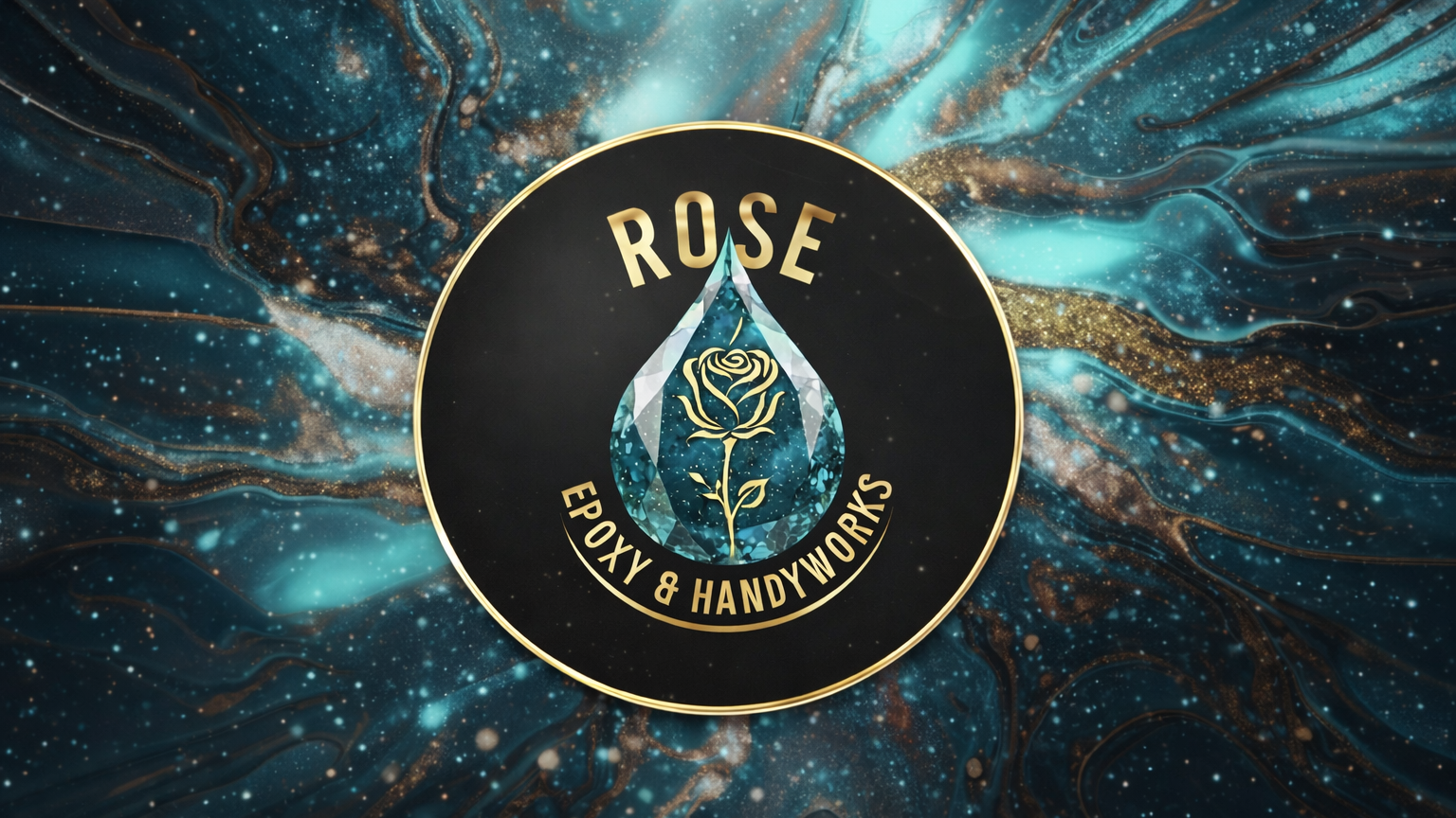 Rose Epoxy & Handyworks logo on a swirling blue and gold background